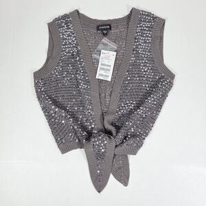 NWT bebe Women's Large Silk Crochet Sweater Vest Taupe Gray Sequin Tie Front